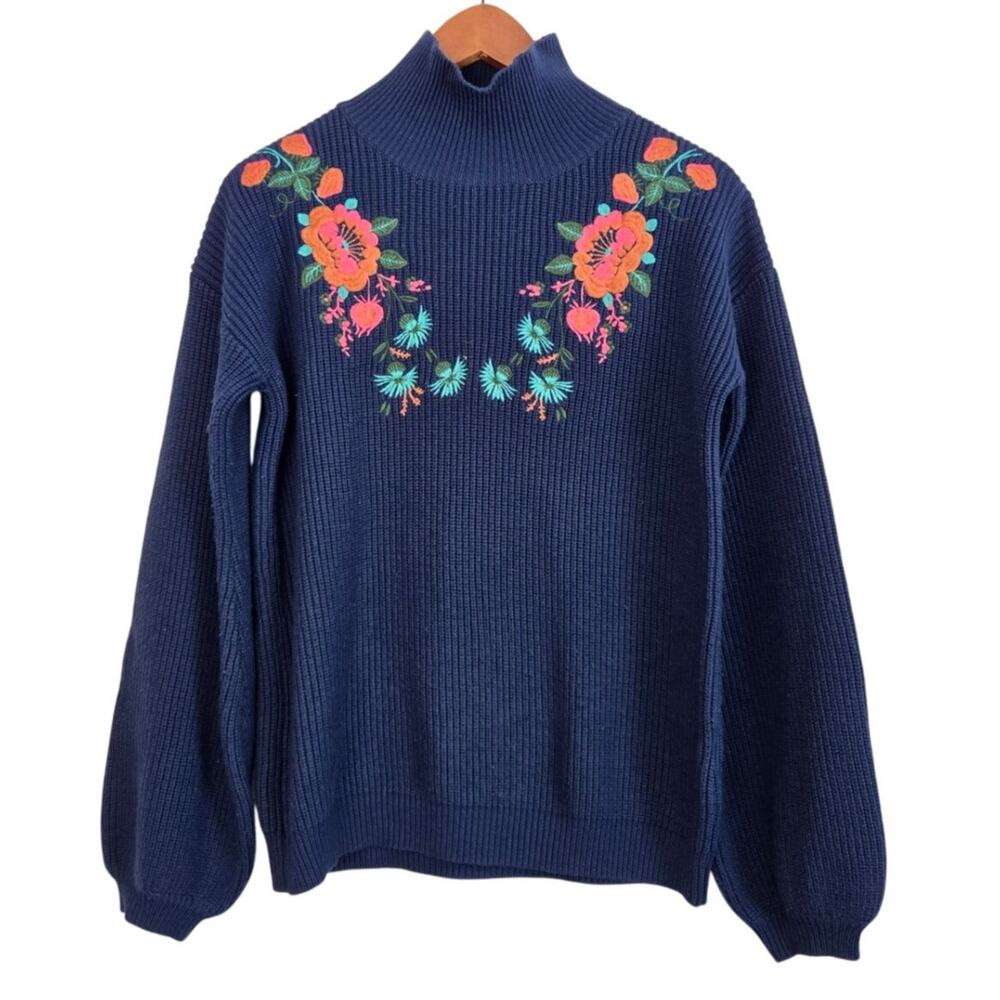 Cottagecore Wool Blend Textured Knit Eclectic Grandma Folk Pop Blue Sweater S